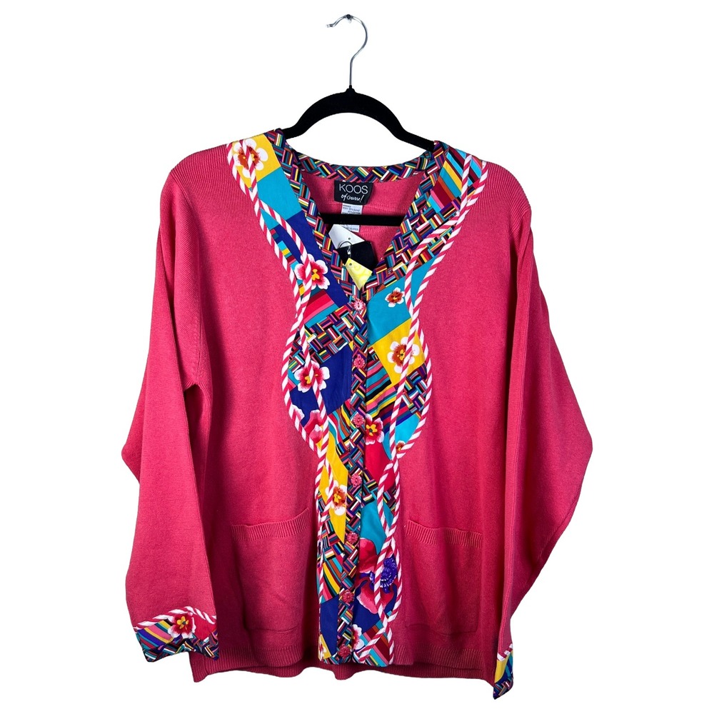90s Koos Of Course Cardigan Women's Large Silk Trim Pink Sweater NWT Whimsigoth